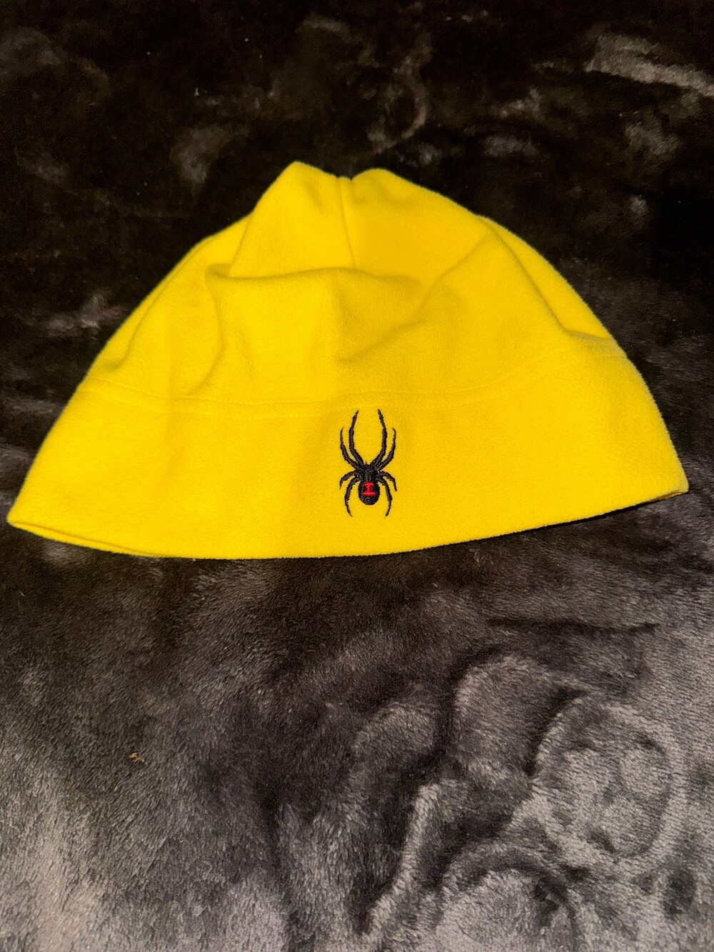 Yellow Fleece Beanie Hat with Black Widow Spider Embroidery Polyester Made in Ca